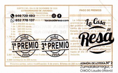 Reverso del d&eacute;cimo 08293 con el sello de la Administraci&oacute;n n&ordm; 2 &laquo;La Casa de Resa&raquo;, en Laudio (Llodio)